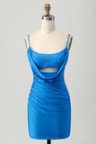 Bodycon azul brilhante cortado vestido curto de volta para casa com frisos