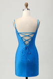 Bodycon azul brilhante cortado vestido curto de volta para casa com frisos