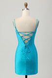 Blue Bodycon Cut out Vestido Curto Homecoming com Missangas