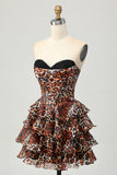 Khaki Leopard A-line Sweetheart Tiered Corset Vestido Curto Homecoming