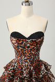 Khaki Leopard A-line Sweetheart Tiered Corset Vestido Curto Homecoming