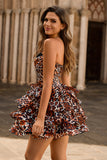 Strapless Khaki Leopard Tiered A Line Corset Homecoming Dress com Folhos