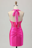 Royal Blue Bodycon Halter Backless Cetim Homecoming Vestido com strass