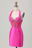 Royal Blue Bodycon Halter Backless Cetim Homecoming Vestido com strass