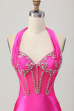 Fuchsia Bodycon Halter Backless cetim Homecoming vestido com strass