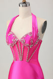 Fuchsia Bodycon Halter Backless cetim Homecoming vestido com strass