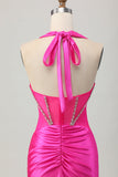 Fuchsia Bodycon Halter Backless cetim Homecoming vestido com strass