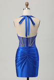 Royal Blue Bodycon Halter Backless Cetim Homecoming Vestido com strass