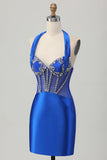 Royal Blue Bodycon Halter Backless Cetim Homecoming Vestido com strass