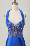 Royal Blue Bodycon Halter Backless Cetim Homecoming Vestido com strass