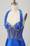 Royal Blue Bodycon Halter Backless Cetim Homecoming Vestido com strass