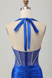 Royal Blue Bodycon Halter Backless Cetim Homecoming Vestido com strass