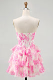 Rosa Floral A-Line Espartilho Sem Alças Homecoming Dress com Sequins