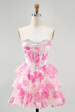 Rosa Floral A-Line Espartilho Sem Alças Homecoming Dress com Sequins