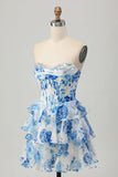 Flor Azul Branca A-line Espartilho sem alças Tiered Vestido Curto Homecoming com Sequins