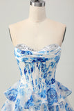 Flor Azul Branca A-line Espartilho sem alças Tiered Vestido Curto Homecoming com Sequins