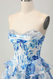 Flor Azul Branca A-line Espartilho sem alças Tiered Vestido Curto Homecoming com Sequins