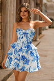 Branco Azul Floral Uma Linha Strapless Corset Tiered Vestido Curto Homecoming