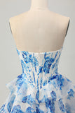 Flor Azul Branca A-line Espartilho sem alças Tiered Vestido Curto Homecoming com Sequins