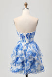 Branco Azul Floral Strapless Uma Linha Corset Cut out Homecoming Dress com Arco