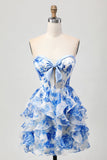Branco Azul Floral Strapless Uma Linha Corset Cut out Homecoming Dress com Arco