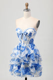 Branco Azul Floral A-line Strapless Ruffle Cut out Homecoming Dress com Arco
