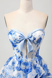 Branco Azul Floral A-line Strapless Ruffle Cut out Homecoming Dress com Arco