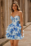 Branco Azul Floral Strapless Uma Linha Corset Cut out Homecoming Dress com Arco
