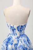 Branco Azul Floral A-line Strapless Ruffle Cut out Homecoming Dress com Arco