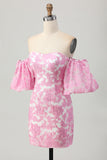 Rosa Floral Fora do Ombro Homecoming Dress com mangas destacáveis