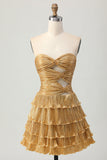Metalizado dourado sem alças cortado plissado em camadas curto homecoming vestido
