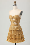Metalizado dourado sem alças cortado plissado em camadas curto homecoming vestido
