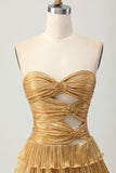 Metalizado dourado sem alças cortado plissado em camadas curto homecoming vestido