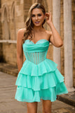 Espartilho sem alças A Line Green Homecoming Dress com Missangas
