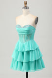 Amarelo A-Line Strapless Tiered Corset Homecoming Vestido com Missangas
