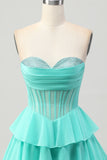 Amarelo A-Line Strapless Tiered Corset Homecoming Vestido com Missangas
