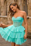 Espartilho sem alças A Line Green Homecoming Dress com Missangas