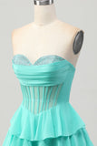 Amarelo A-Line Strapless Tiered Corset Homecoming Vestido com Missangas