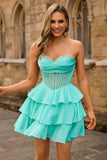 Espartilho sem alças A Line Green Homecoming Dress com Missangas