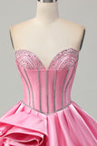 Rosa Bodycon Querida Cetim Corset Homecoming Dress com strass