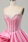 Rosa Bodycon Querida Cetim Corset Homecoming Dress com strass