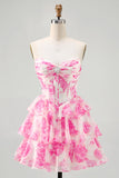 Branco Azul Espartilho Floral A-line Strapless Tiered Homecoming Dress