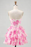 Branco Azul Espartilho Floral A-line Strapless Tiered Homecoming Dress