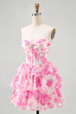 Branco Azul Espartilho Floral A-line Strapless Tiered Homecoming Dress