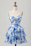Branco Azul Espartilho Floral A-line Strapless Tiered Homecoming Dress