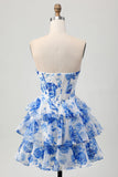 Branco Azul Espartilho Floral A-line Strapless Tiered Homecoming Dress