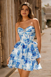 Branco Azul Espartilho Floral A-line Strapless Tiered Homecoming Dress