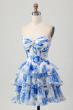 Branco Azul Floral A-line Sweetheart Corset Tiered Vestido Curto Homecoming