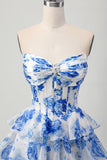 Branco Azul Floral A-line Sweetheart Corset Tiered Vestido Curto Homecoming