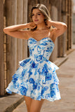 Branco Azul Espartilho Floral A-line Strapless Tiered Homecoming Dress